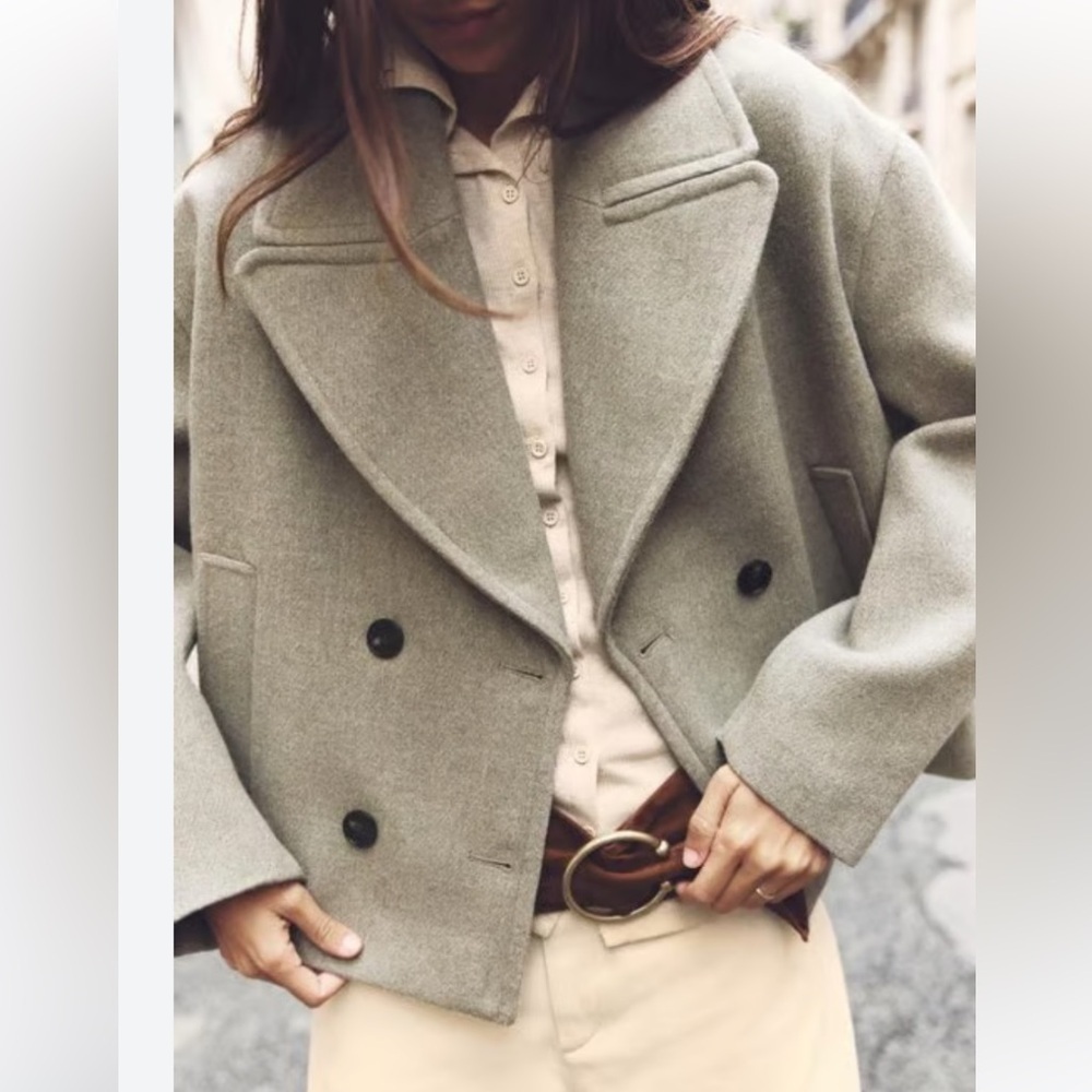Zara Short Double-Breasted Green Pea Coat Wool Blend Oversized Jacket Women XL